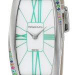 Elegant Tiffany & Co. Gemea watch featuring a tonneau case, jewel accents, and a slim feminine design, displayed with its complete box set.