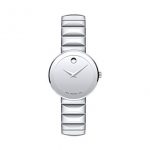 Movado Women's Sapphire Stainless Steel Watch with a Concave Dot, Silver Faceted Bracelet (607213)