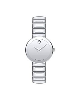 Movado Women's Sapphire Stainless Steel Watch with a Concave Dot, Silver Faceted Bracelet (607213)