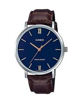 Casio Men's Minimalistic Blue Dial Brown Leather Band Analog Watch