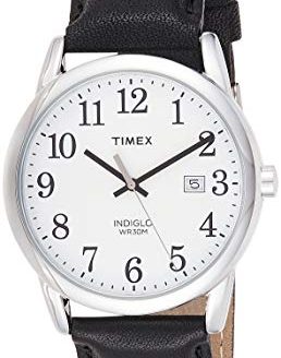 Timex Men's Easy Reader 38mm Black/Silver-Tone/White Leather Strap Watch