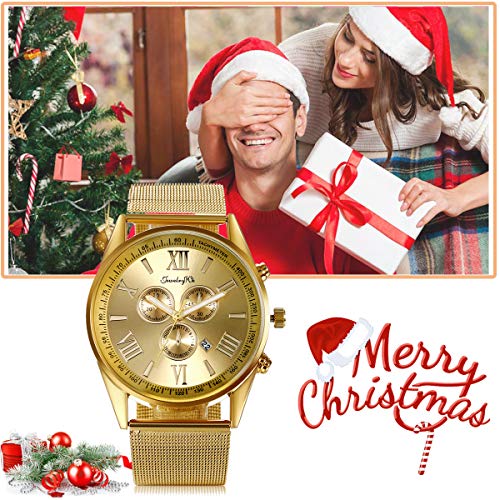 JewelryWe Luxury Men's 3 Eyes Calendar Watch Stainless Steel Mesh Band Quartz Wrist Watches Gold 1 JewelryWe Luxury Men's 3 Eyes Calendar Watch Stainless Steel Mesh Band Quartz