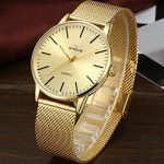Mens Simple Slim Watch Analog Quartz Waterproof Gold Stainless Steel Mesh