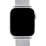 Rebecca Minkoff pressed mesh silver watch band with slider clasp, compatible with Apple Watch 30/40mm. 