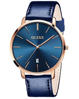 OLEVS Mens Ultra Thin Leather Watches Large Dial Navy Blue