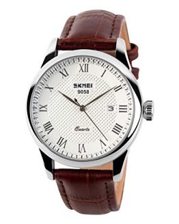 Men's Brown Leather Strap Watches Easy Reader Date Watches Quartz Waterproof Wrist Watch