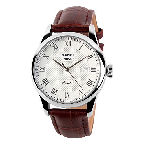 Men's Brown Leather Strap Watches Easy Reader Date Watches Quartz Waterproof Wrist Watch