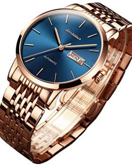 OLEVS Mens Gold Mechanical Watches Automatic Self Winding Sapphire Stainless Steel Minimalism Big Face Navy Blue Dial Ultra Thin Casual Dress Wrist Watch Waterproof with Day Date Calendar Classic Gift