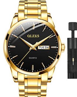Gold Stainless Steel Watches for Men,Black Face Watch with Day and Date,Luxury Watch Men Fashion Quartz Wrist Watch,Best Waterproof Dress Watches for Men,Classic Man Watches for Male,Luminous Dial