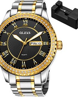 OLEVS Mens Watch Gold Wrist Watches Waterproof Quartz Large Face Black