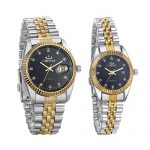 JewelryWe Luxury Couple Watches Gold-Silver Tone Stainless Steel Quartz Calendar
