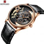 Skeleton Quartz Watch Men Classic Rose Gold Leather