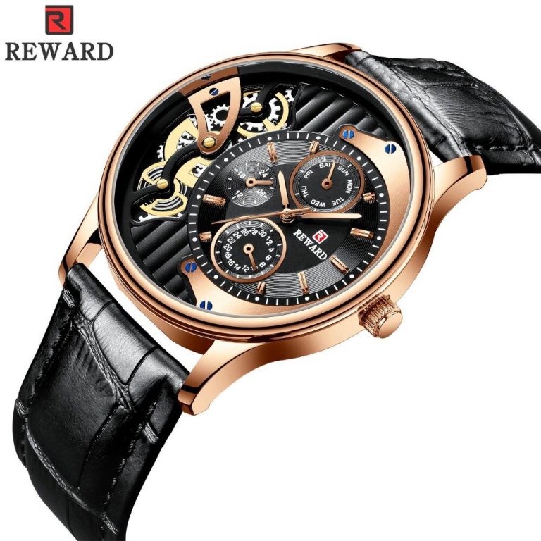 Skeleton Quartz Watch Men Classic Rose Gold Leather