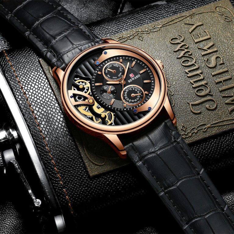 Skeleton Quartz Watch Men Classic Rose Gold Leather