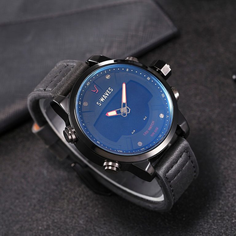 SWAVES Luxury LED Watch Men Clock Quartz Dual Display Fashion Men's Wrist Watches Waterproof Alarm Clock Leather Reloj Hombre 3 Men's Wrist Watches Waterproof Alarm Clock Leather