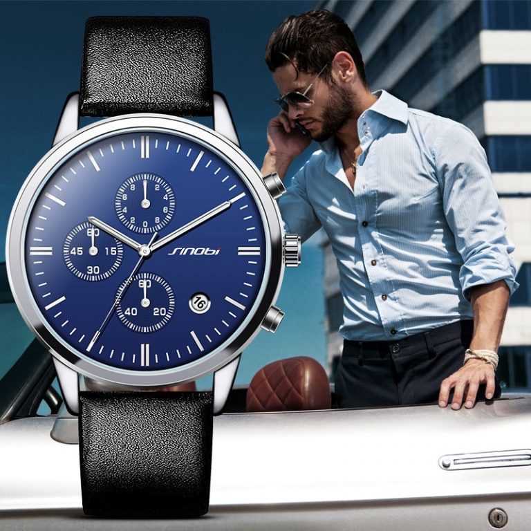 Multifunction Mens Wrist Watches Black Leather Strap
