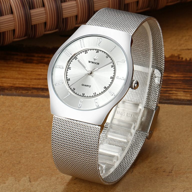WWOOR Creative Watch For Men Fashion Ultra Thin Steel Mesh Men Wrist Watch Luxury Business Luminous Waterproof Quartz Clock Male