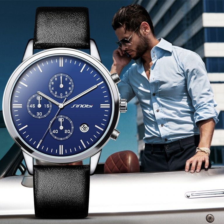 Multifunction Mens Wrist Watches Black Leather Strap