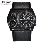 Oulm Men’s Unique Design Wrist Watch – Large Quartz Movement with Wide Leather Strap & Compass Decoration