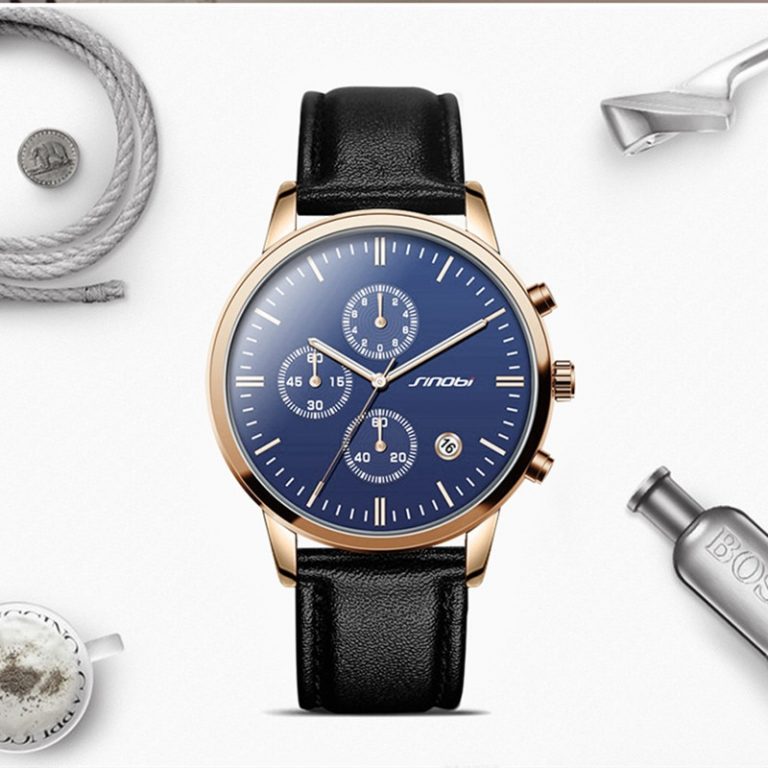 Multifunction Mens Wrist Watches Black Leather Strap