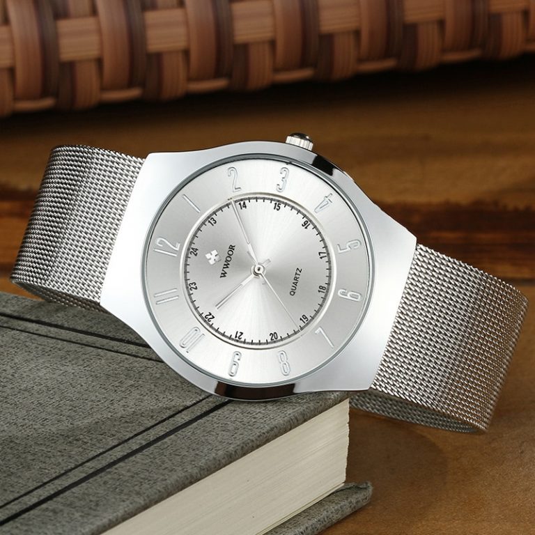 WWOOR Creative Watch For Men Fashion Ultra Thin Steel Mesh Men Wrist Watch Luxury Business Luminous Waterproof Quartz Clock Male