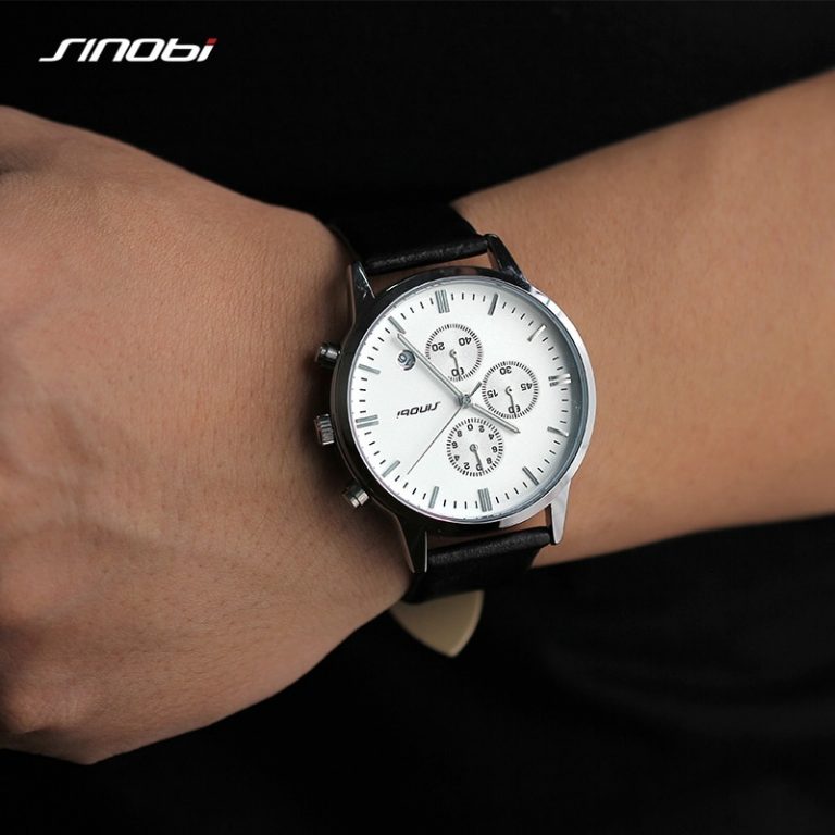 Multifunction Mens Wrist Watches Black Leather Strap