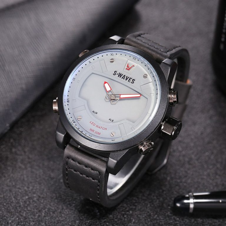 SWAVES Luxury LED Watch Men Clock Quartz Dual Display Fashion Men's Wrist Watches Waterproof Alarm Clock Leather Reloj Hombre 2 Men's Wrist Watches Waterproof Alarm Clock Leather