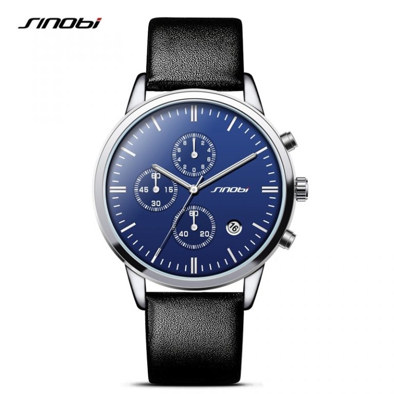 Multifunction Mens Wrist Watches Black Leather Strap