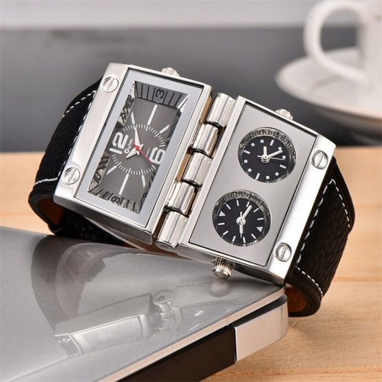 Oulm 2 Different Square Dials Watch 3 Time Zone