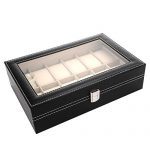 12 Slots Watch Box Leather Organizer and Display Case with Glass Lid