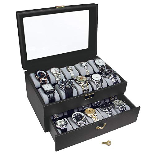 Ikee Design Deluxe Black Watch Display Box with Key Lock