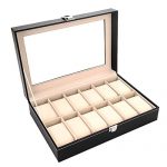 12 Slots Watch Box Leather Organizer and Display Case with Glass Lid