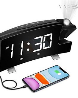 Digital Projection Alarm Clock Large 8” LED Curved Screen Display with USB Charger and Loud Dual Alarms for Bedroom, Plug-in 180° Projector 12/24 H Wall Ceiling Clock for Heavy Sleeper Kid Elderly
