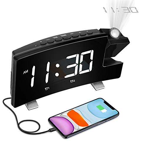 Digital Projection Alarm Clock Large 8” LED Curved Screen Display with USB Charger and Loud Dual Alarms for Bedroom, Plug-in 180° Projector 12/24 H Wall Ceiling Clock for Heavy Sleeper Kid Elderly