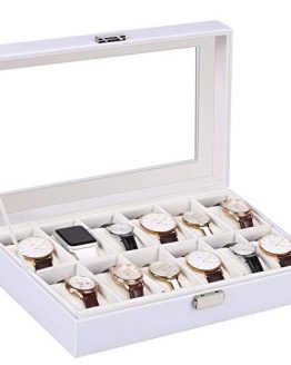 amzdeal Watch Box 12 Slots White Watch Storage Case