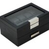Ebony Wood Watch Box - Elegant Storage for 20 Watches with Glass Top and Stainless Steel Accents