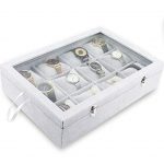 12-Slot Watch Box Organizer with Velvet Interior and Glass Lid