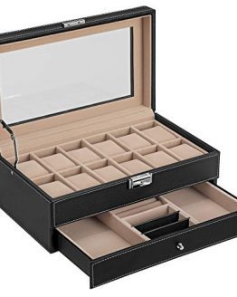 12-Slot Watch Box Display Case with Real Glass Top