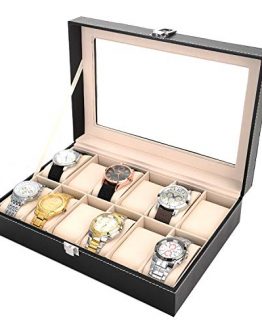 12 Slots Watch Box Leather Organizer and Display Case with Glass Lid