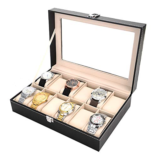 12 Slots Watch Box Leather Organizer and Display Case with Glass Lid
