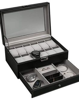 Leather Lockable Watch Storage Box with Glass Lid