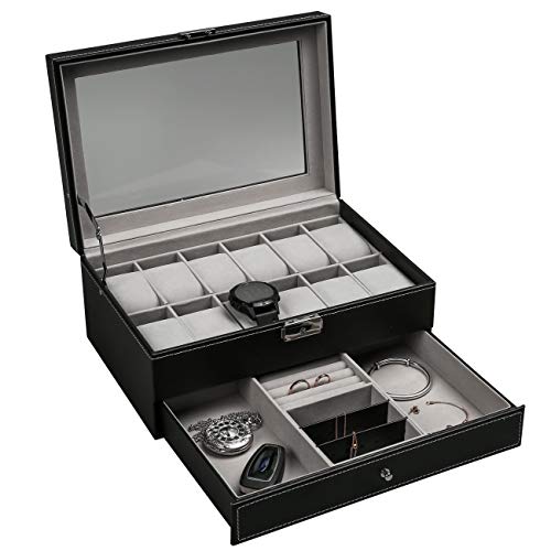 Leather Lockable Watch Storage Box with Glass Lid