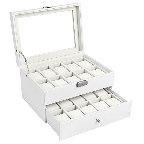 Watch Box Lockable Organizer Display Case with Glass Top White