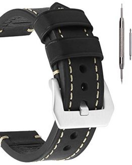 20mm Black-Silver Leather Watch Band