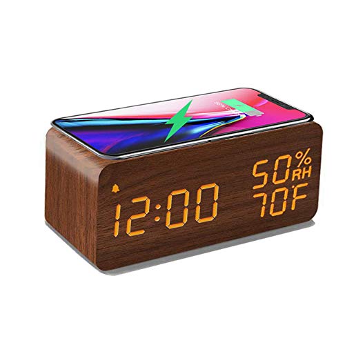Wooden Digital Alarm Clock with Wireless Charging