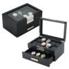 Ebony Wood Watch Box - Elegant Storage for 20 Watches with Glass Top and Stainless Steel Accents