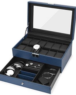 Watch Box, 12 Slots PU Leather Case Organizer with Jewelry Drawer