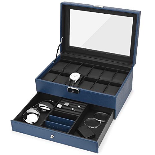 Watch Box, 12 Slots PU Leather Case Organizer with Jewelry Drawer