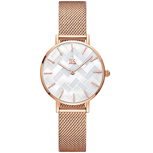 Thin Minimalist Shell Dial Women Watch with Genuine Leather