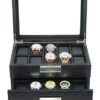 Ebony Wood Watch Box - Elegant Storage for 20 Watches with Glass Top and Stainless Steel Accents